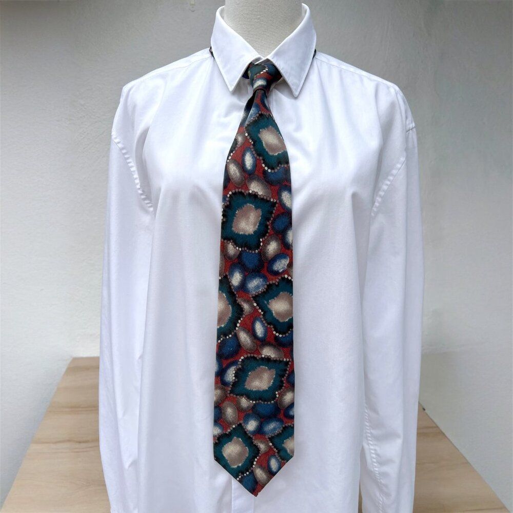 Vintage 90s Christian Dior Monsieur 100% Silk Burgundy Gray Navy Op Art Necktie
